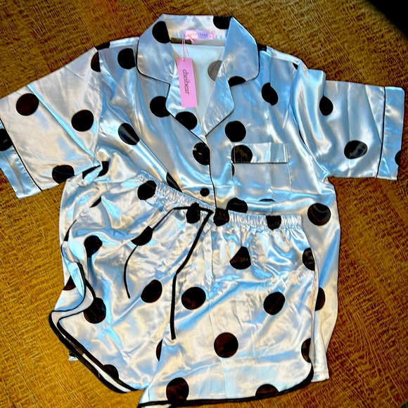 Cheibar satin pajama set powder blue and black polka dots NWT pjs size M - Picture 1 of 3